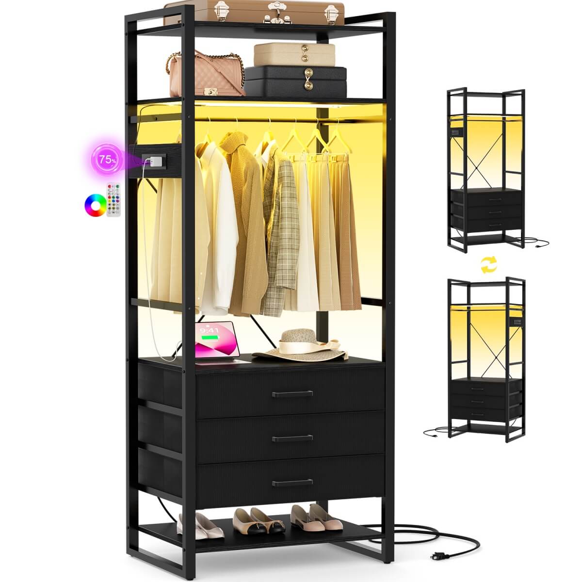 75'' Tall Garment Rack with 3 Fabric Drawers, Clothing Rack with Power Outlets, and LED Light