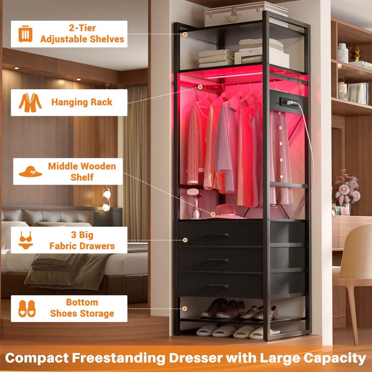 75'' Tall Garment Rack with 3 Fabric Drawers, Clothing Rack with Power Outlets, and LED Light