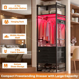 75'' Tall Garment Rack with 3 Fabric Drawers, Clothing Rack with Power Outlets, and LED Light