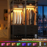 75'' Tall Garment Rack with 3 Fabric Drawers, Clothing Rack with Power Outlets, and LED Light