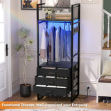 75'' Tall Garment Rack with 3 Fabric Drawers, Clothing Rack with Power Outlets, and LED Light