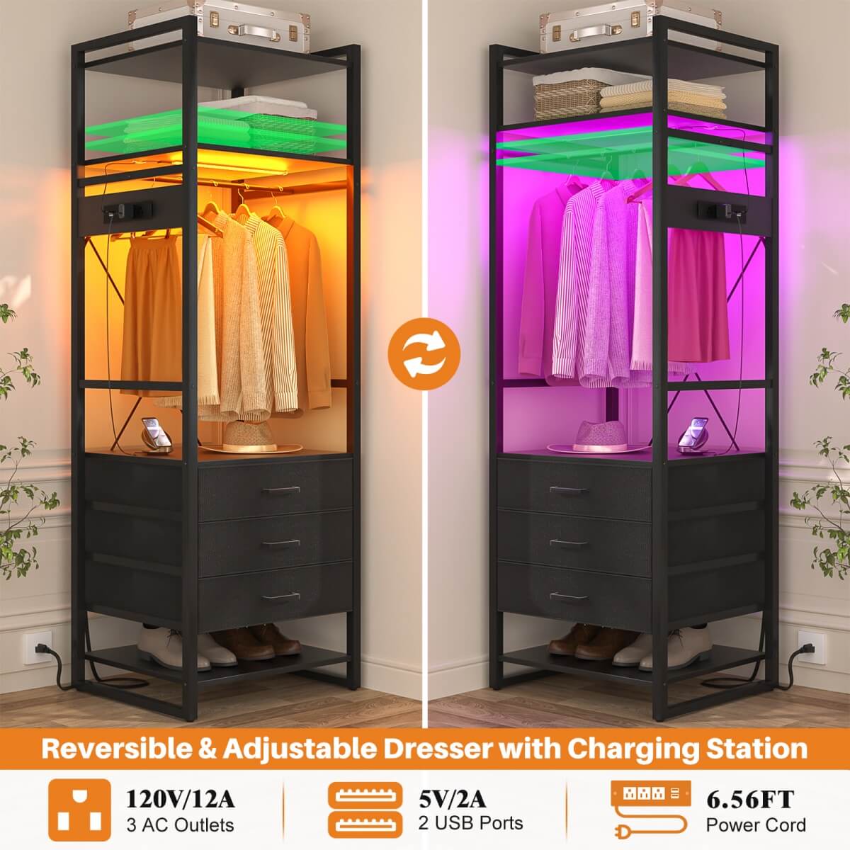 75'' Tall Garment Rack with 3 Fabric Drawers, Clothing Rack with Power Outlets, and LED Light