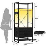 75'' Tall Garment Rack with 3 Fabric Drawers, Clothing Rack with Power Outlets, and LED Light