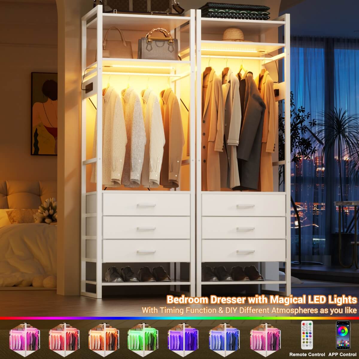 75'' Tall Garment Rack with 3 Fabric Drawers, Clothing Rack with Power Outlets, and LED Light