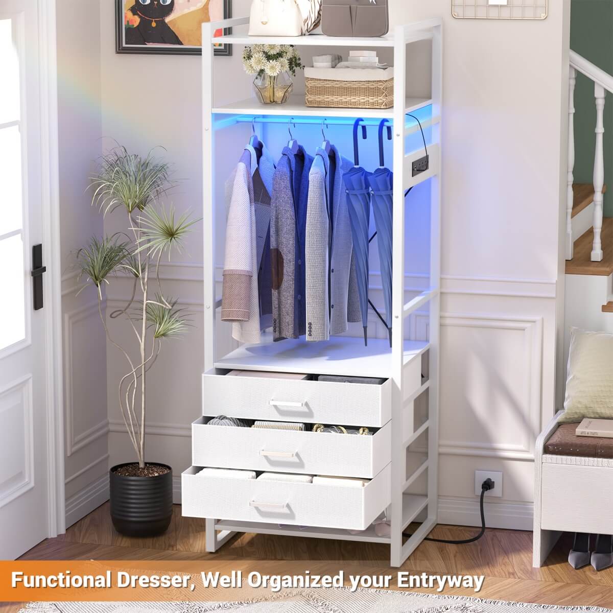 75'' Tall Garment Rack with 3 Fabric Drawers, Clothing Rack with Power Outlets, and LED Light