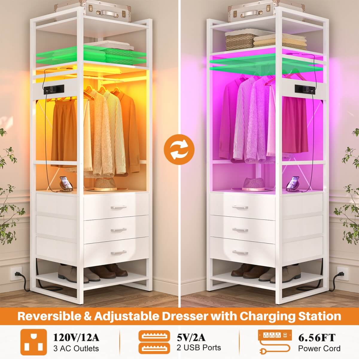 75'' Tall Garment Rack with 3 Fabric Drawers, Clothing Rack with Power Outlets, and LED Light