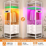 75'' Tall Garment Rack with 3 Fabric Drawers, Clothing Rack with Power Outlets, and LED Light