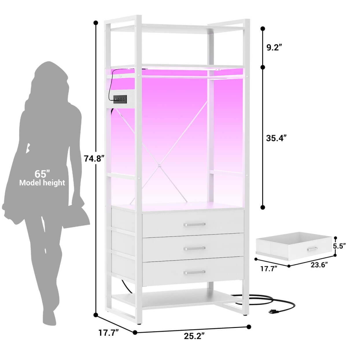 75'' Tall Garment Rack with 3 Fabric Drawers, Clothing Rack with Power Outlets, and LED Light