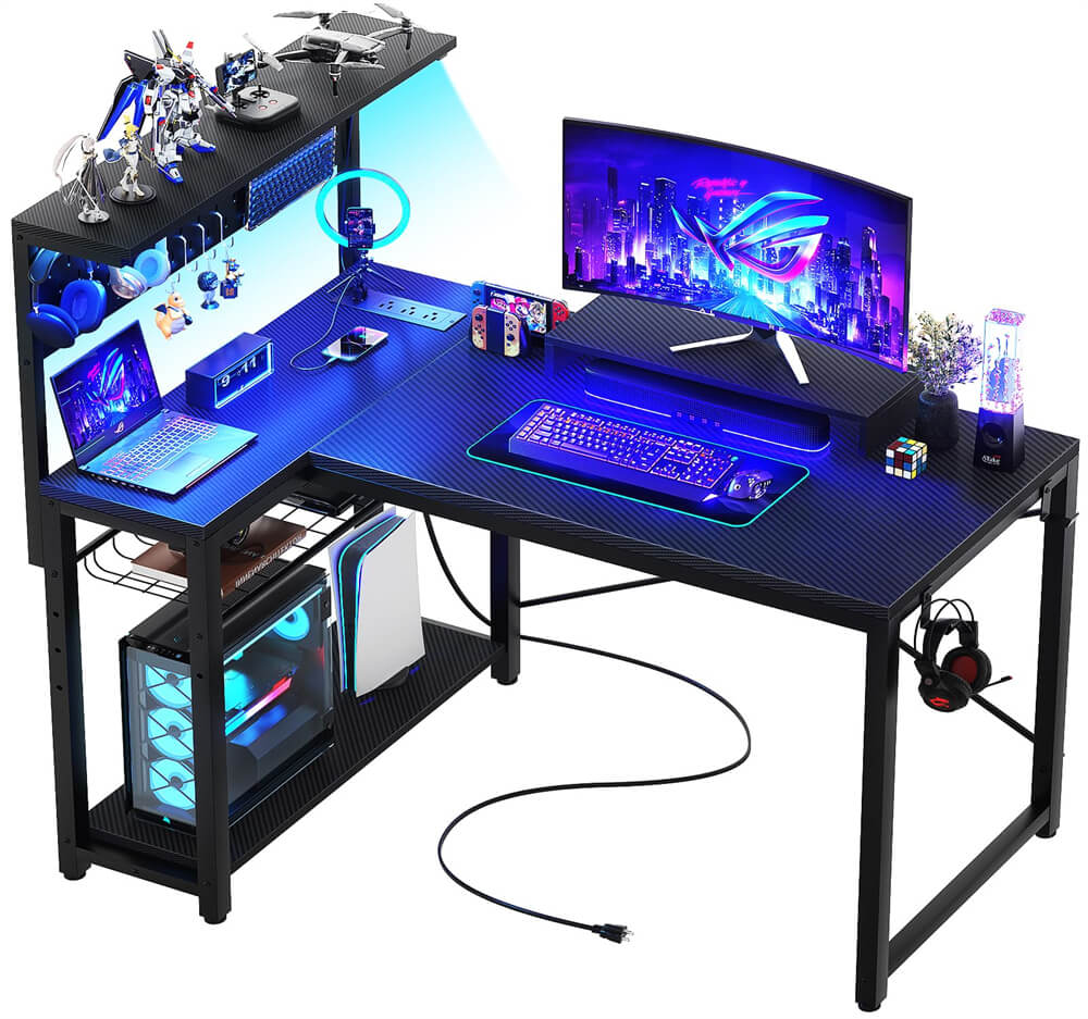 Uniktio Small Gaming Desk with Power Outlets & Storage Shelves, 43 Inch L Shaped Computer Desk with Pegboard and LED Light, Reversible, Corner Desk with Headset Hooks