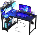 Uniktio Small Gaming Desk with Power Outlets & Storage Shelves, 43 Inch L Shaped Computer Desk with Pegboard and LED Light, Reversible, Corner Desk with Headset Hooks