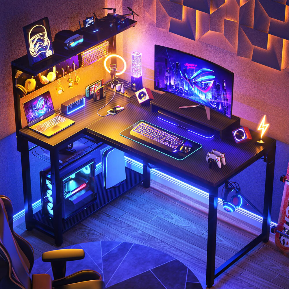 Uniktio Small Gaming Desk with Power Outlets & Storage Shelves, 43 Inch L Shaped Computer Desk with Pegboard and LED Light, Reversible, Corner Desk with Headset Hooks