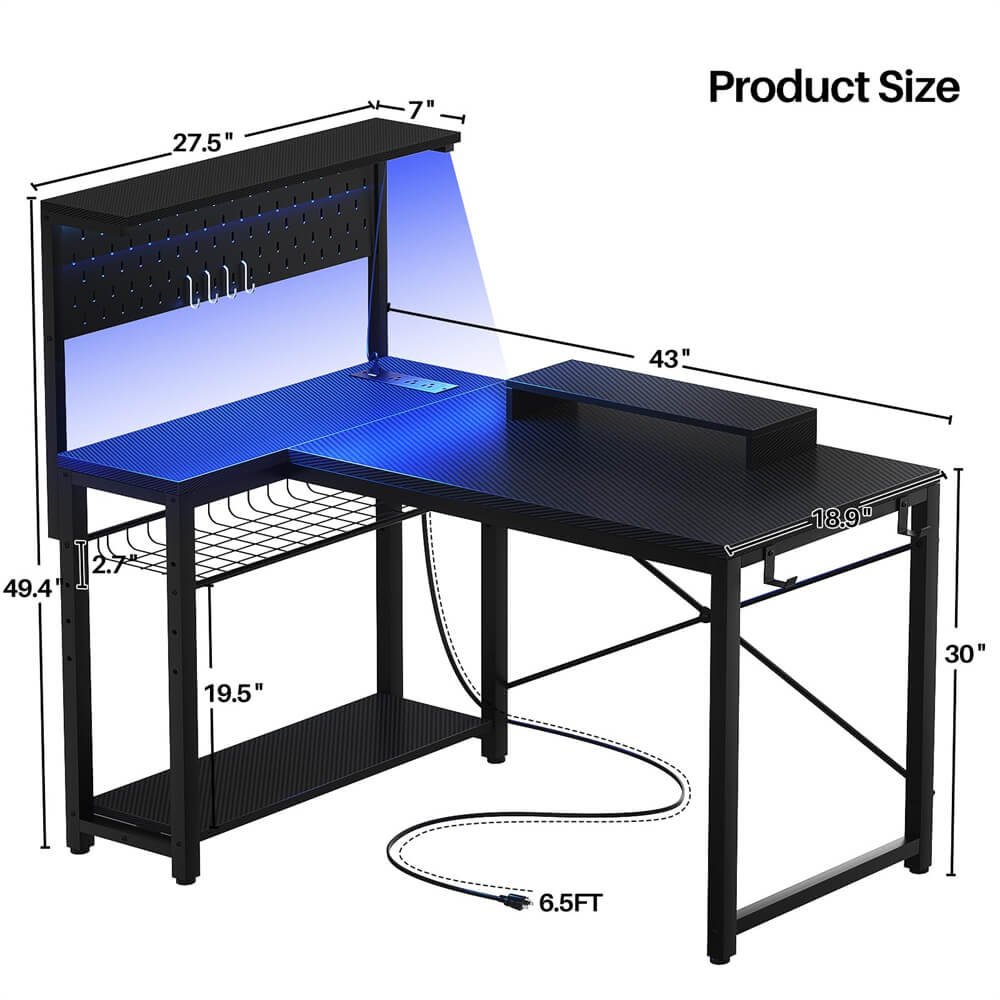 Uniktio Small Gaming Desk with Power Outlets & Storage Shelves, 43 Inch L Shaped Computer Desk with Pegboard and LED Light, Reversible, Corner Desk with Headset Hooks