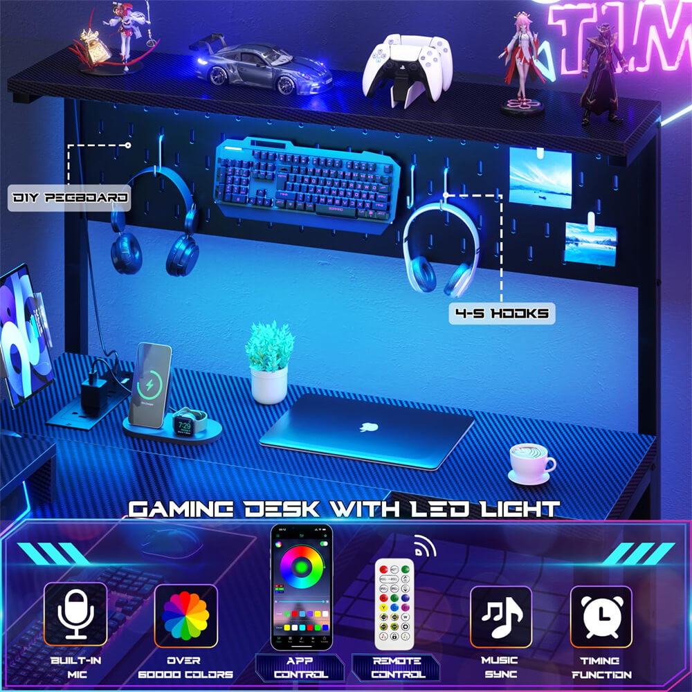 Uniktio Small Gaming Desk with Power Outlets & Storage Shelves, 43 Inch L Shaped Computer Desk with Pegboard and LED Light, Reversible, Corner Desk with Headset Hooks