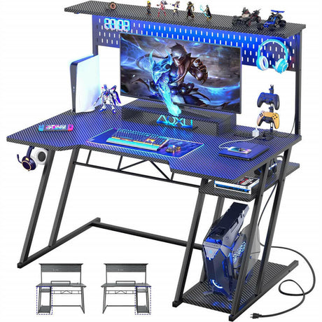 Unikito L Shaped Gaming Desk with Monitor Stand and Shelves, 47'' Gaming Computer Desk with LED Lights and Outlets, Reversible PC Gaming Desk with Keyboard Tray & Z-Shaped Legs