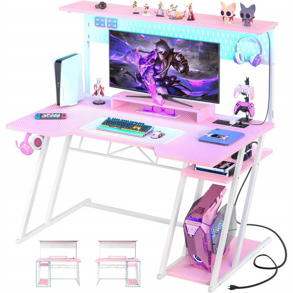 Unikito L Shaped Gaming Desk with Monitor Stand and Shelves, 47'' Gaming Computer Desk with LED Lights and Outlets, Reversible PC Gaming Desk with Keyboard Tray & Z-Shaped Legs