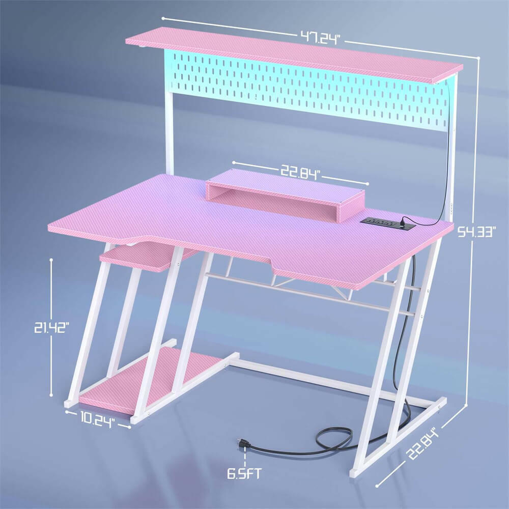 Unikito L Shaped Gaming Desk with Monitor Stand and Shelves, 47'' Gaming Computer Desk with LED Lights and Outlets, Reversible PC Gaming Desk with Keyboard Tray & Z-Shaped Legs