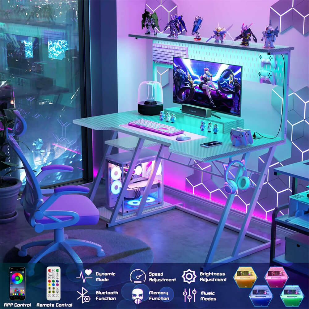 Unikito L Shaped Gaming Desk with Monitor Stand and Shelves, 47'' Gaming Computer Desk with LED Lights and Outlets, Reversible PC Gaming Desk with Keyboard Tray & Z-Shaped Legs