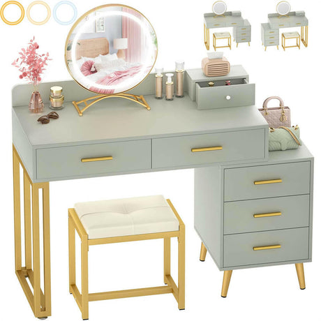 Unikito Vanity Desk with Mirror and Lights, Modern Makeup Vanity Table Set with 6 Storage Drawers and Cushioned Stool for Bedroom, Dressing Table with Divided Organizers for Women Girls
