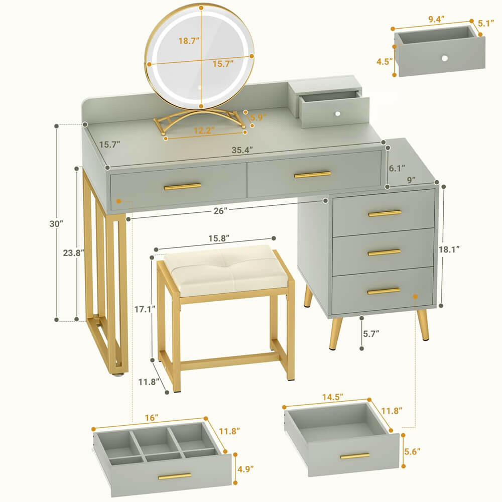 Unikito Vanity Desk with Mirror and Lights, Modern Makeup Vanity Table Set with 6 Storage Drawers and Cushioned Stool for Bedroom, Dressing Table with Divided Organizers for Women Girls