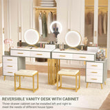 Unikito Vanity Desk with Mirror and Lights, Modern Makeup Vanity Table Set with 6 Storage Drawers and Cushioned Stool for Bedroom, Dressing Table with Divided Organizers for Women Girls