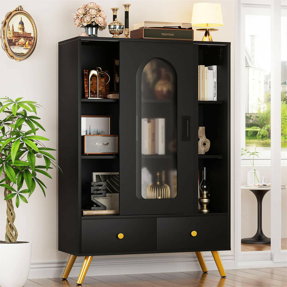 Unikito Storage Cabinet with Sliding Doors, Black Accent Cabinet with Storage & Drawers, 51'' Free Standing Accent Storage Cabinet with Golden Legs, Modern Bookcase for Entryway, Hallway, Study Room