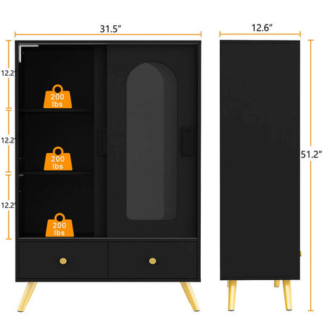 Unikito Storage Cabinet with Sliding Doors, Black Accent Cabinet with Storage & Drawers, 51'' Free Standing Accent Storage Cabinet with Golden Legs, Modern Bookcase for Entryway, Hallway, Study Room
