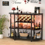 Unikito 4-Tier Metal Coffee Bar Cabinet with Outlet and LED Light, Freestanding Floor Table for Liquor Glass Holder Wine Rack Storage, Bakers Kitchen Dining Room