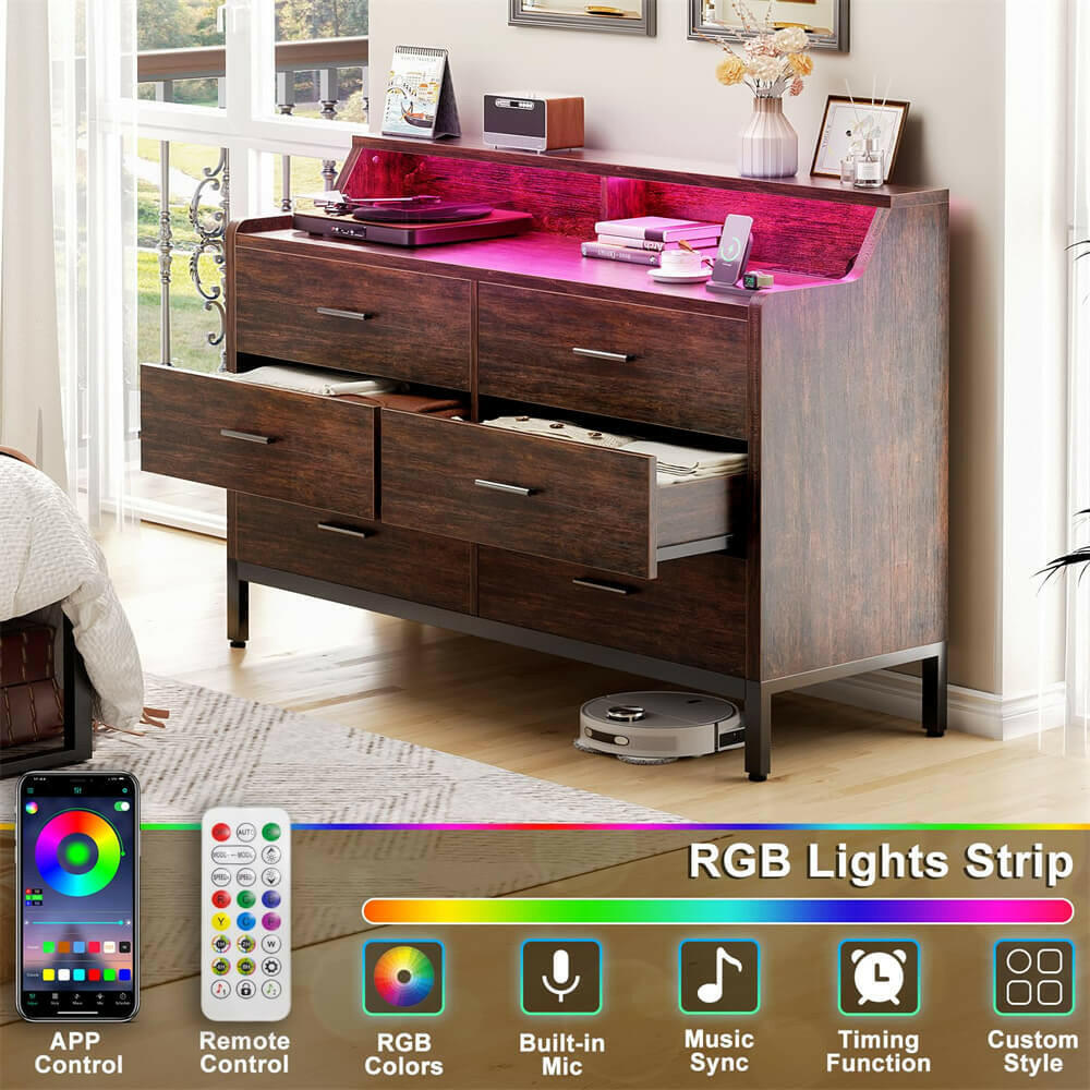 Unikito 6 Drawer Dresser for Bedroom, Wood Storage Dresser with Power Outlets and Smart LED Lights, Sturdy Modern Bedroom Furniture