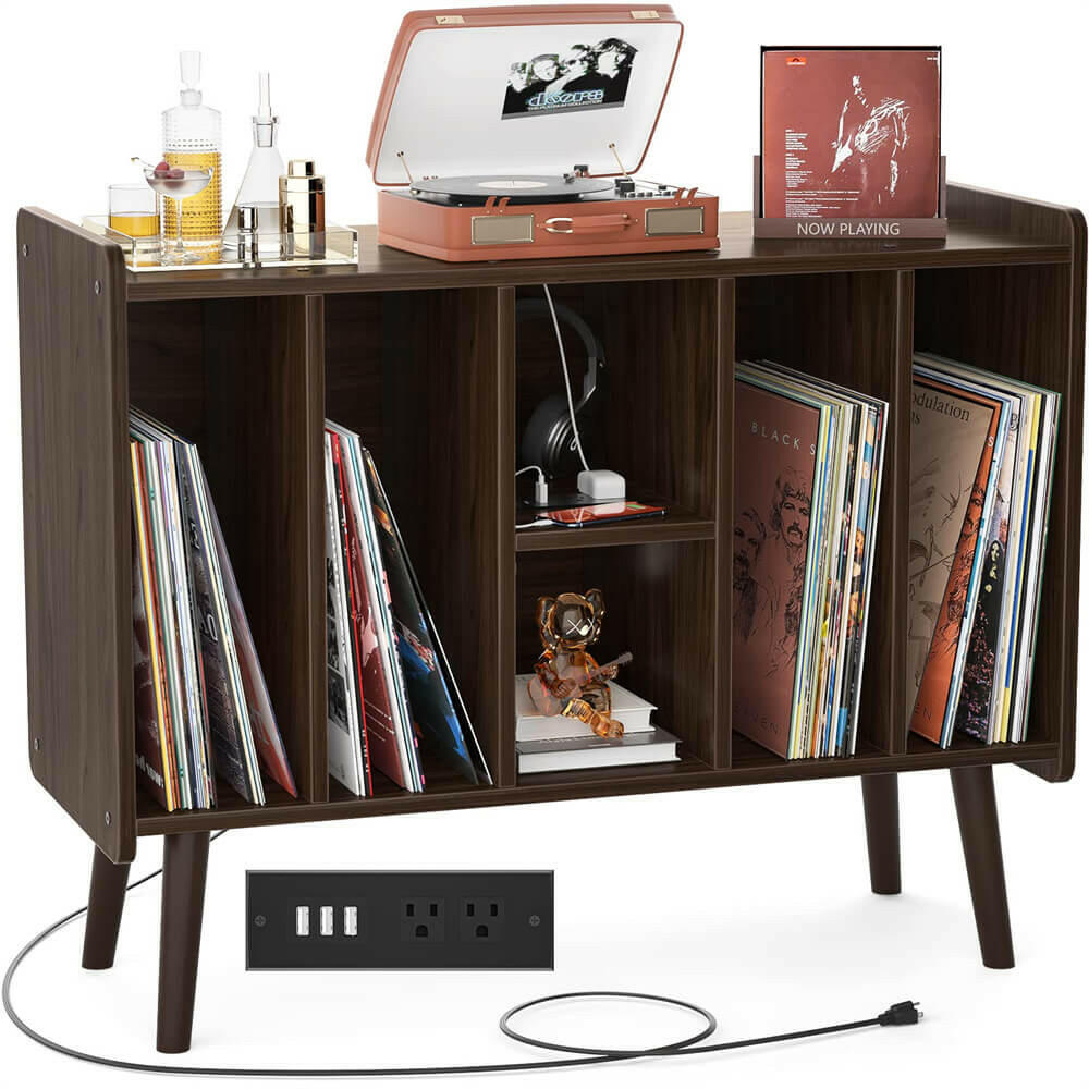 Unikito Large Record Player Stand, Vinyl Record Storage Table with Power Outlet Holds Up to 200 Albums, Turntable Stand Table with Wood Legs, Vinyl Holder Display Shelf for Bedroom Living Room