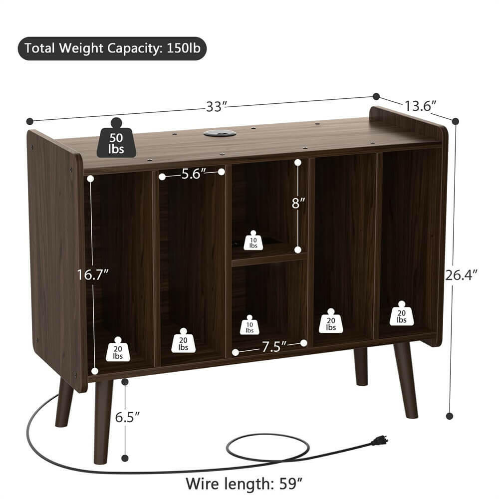 Unikito Large Record Player Stand, Vinyl Record Storage Table with Power Outlet Holds Up to 200 Albums, Turntable Stand Table with Wood Legs, Vinyl Holder Display Shelf for Bedroom Living Room