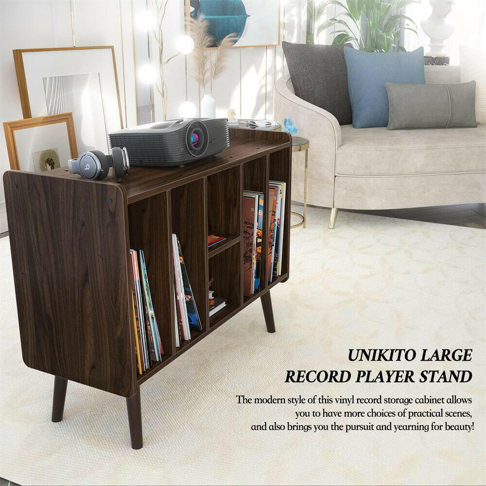 Unikito Large Record Player Stand, Vinyl Record Storage Table with Power Outlet Holds Up to 200 Albums, Turntable Stand Table with Wood Legs, Vinyl Holder Display Shelf for Bedroom Living Room