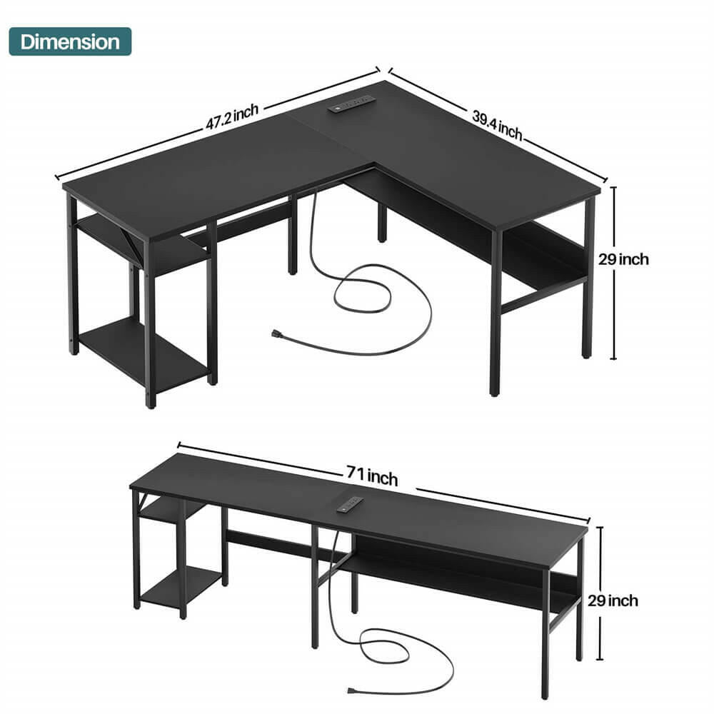 Unikito Reversible L Shaped Desk with Magic Power Outlets and USB Charging Ports, Sturdy Corner Computer Desk with Storage Shelves, Gaming Desk for Home Office, Easy to Assemble