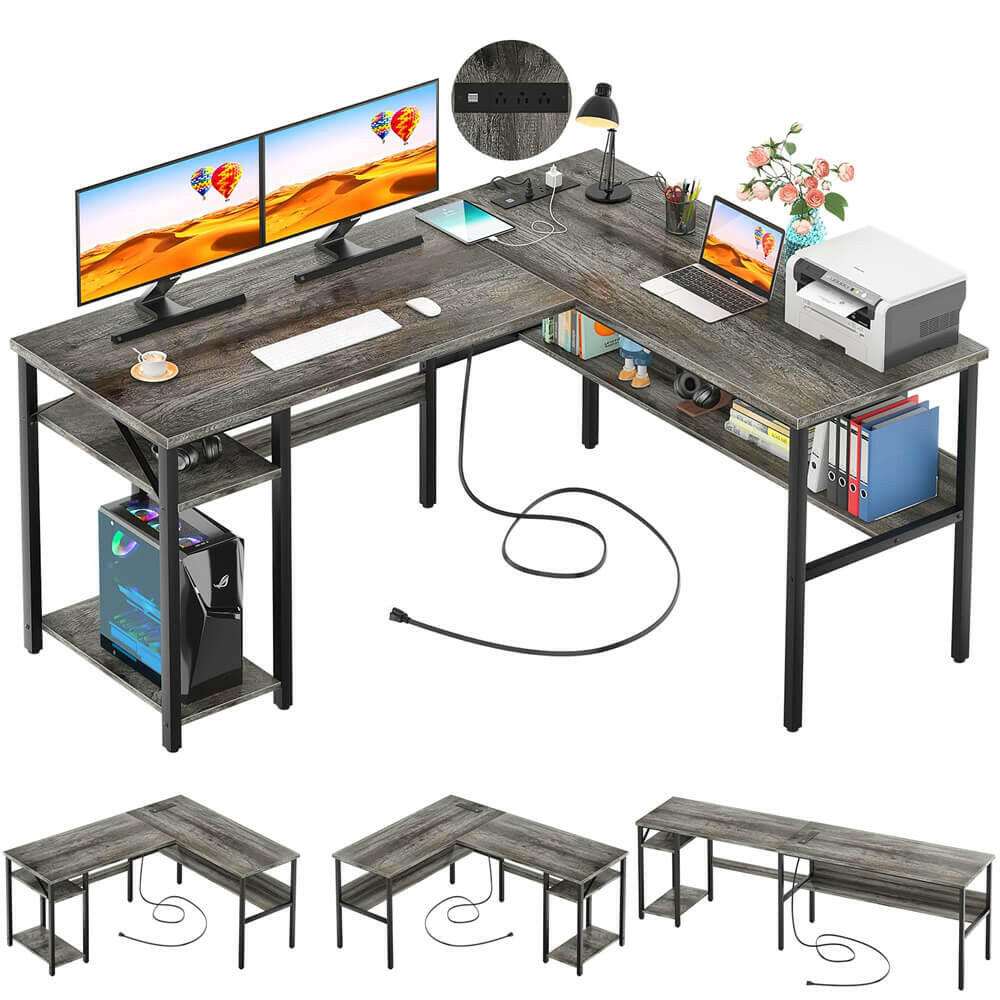 Unikito Reversible L Shaped Desk with Magic Power Outlets and USB Charging Ports, Sturdy Corner Computer Desk with Storage Shelves, Gaming Table Home Office Desk, Easy to Assemble