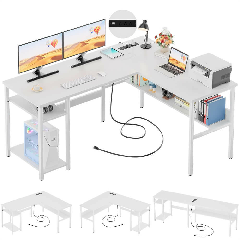 Unikito Reversible L Shaped Desk with Magic Power Outlets and USB Charging Ports, Sturdy Corner Computer Desk with Storage Shelves, Gaming Table Home Office Desk, Easy to Assemble