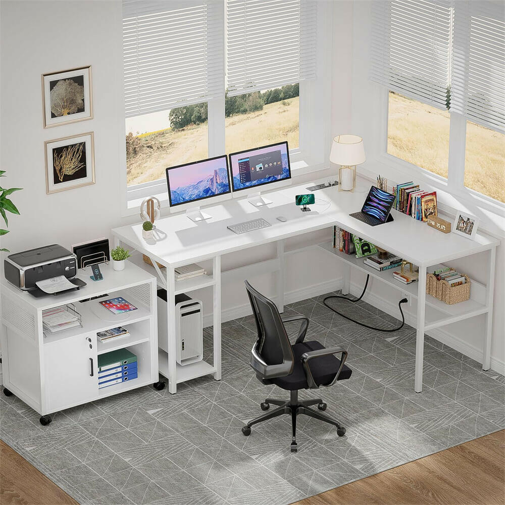 Unikito Reversible L Shaped Desk with Magic Power Outlets and USB Charging Ports, Sturdy Corner Computer Desk with Storage Shelves, Gaming Table Home Office Desk, Easy to Assemble