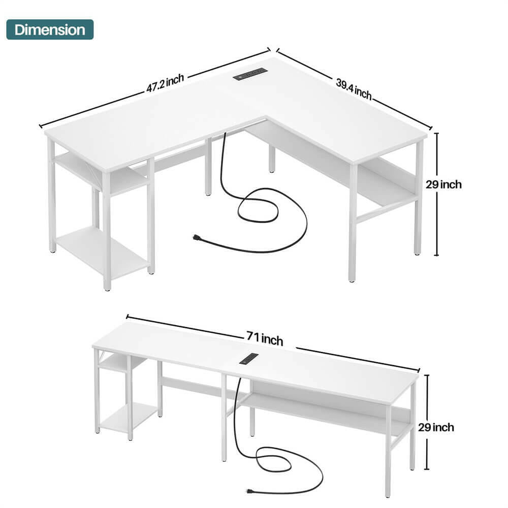 Unikito Reversible L Shaped Desk with Magic Power Outlets and USB Charging Ports, Sturdy Corner Computer Desk with Storage Shelves, Gaming Desk for Home Office, Easy to Assemble