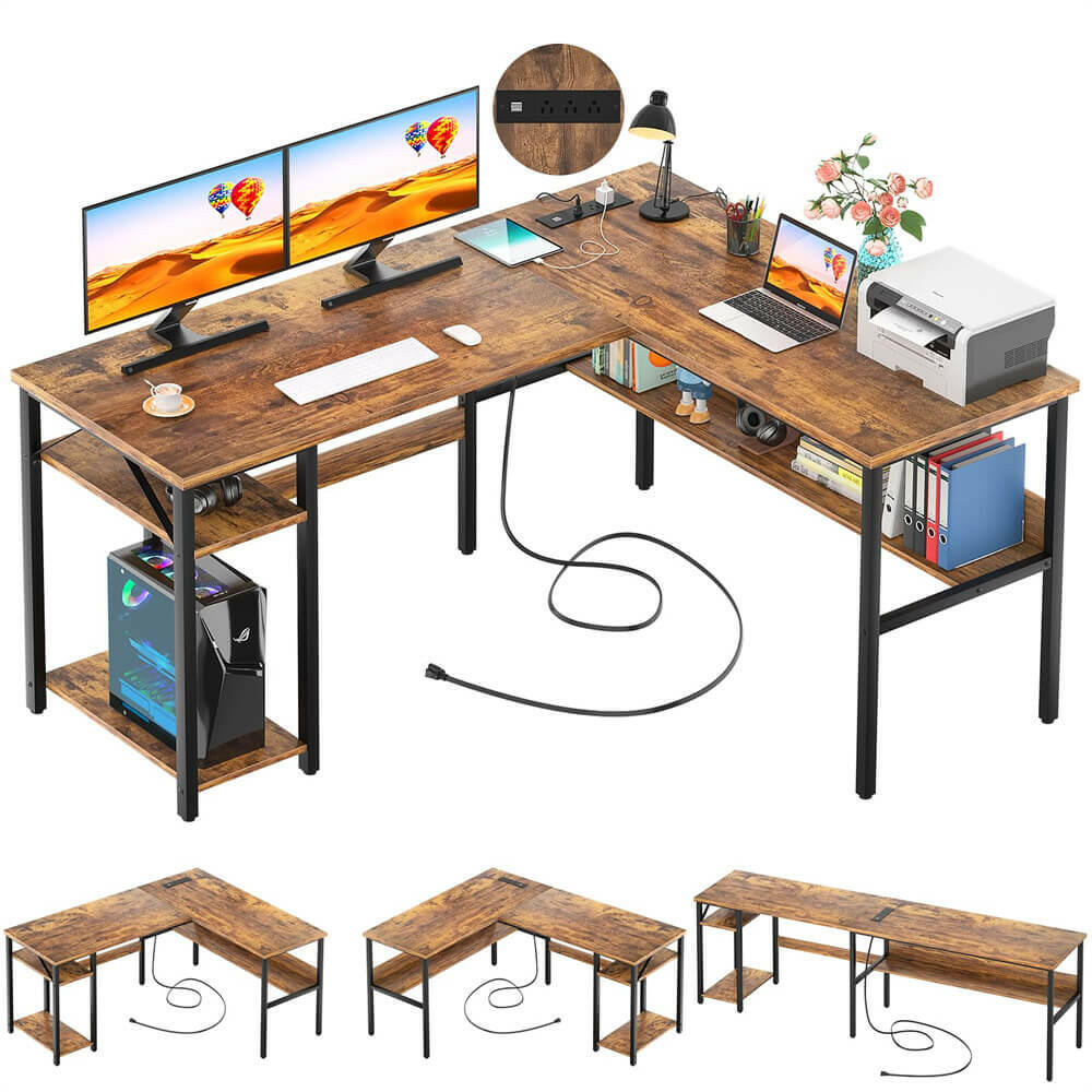 Unikito Reversible L Shaped Desk with Magic Power Outlets and USB Charging Ports, Sturdy Corner Computer Desk with Storage Shelves, Gaming Desk for Home Office, Easy to Assemble