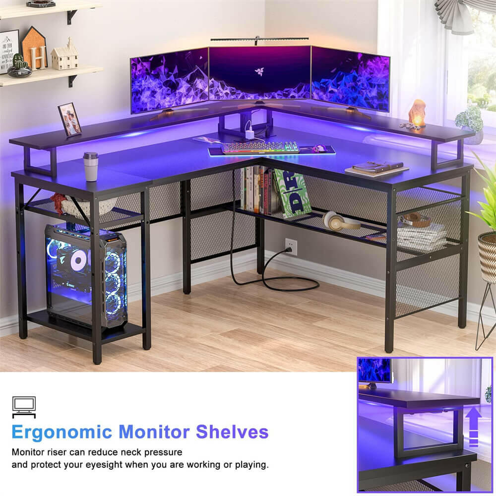 Unikito Reversible L Shaped Desk with LED Light Strip, Power Outlets, and USB Charging Ports, Easy to Assemble