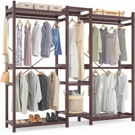 Unikito Bamboo Clothes Rack, Large Closet System Clothing Rack for Hanging Clothes, Freestanding Garment Rack with Shelves and 5 Rods, Open Wardrobe Organizer with 4 Hooks, 70”Wx77”H