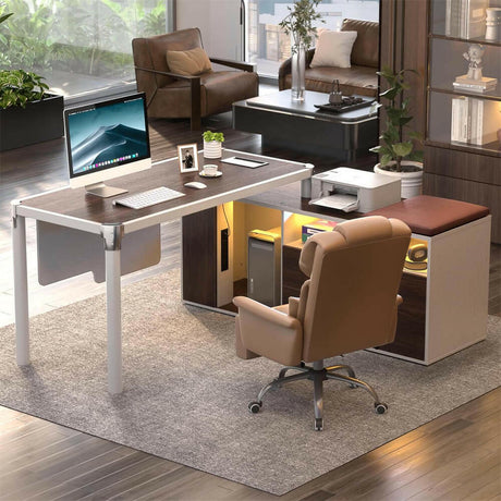 Unikito L Shaped Desk with File Cabinet and Power Strip, Reversible Corner Office Desk with LED Lights, Large L-Shaped Computer Desk with Drawer and Storage for Home Office, Soft Cushion