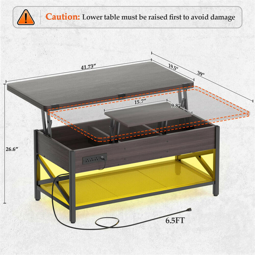 Unikito Coffee Table Lift Top Multi-Function Coffee Table Converts to Dining Table, with LED Light and Power Outlet, Center Table with Shelves for Living Room Reception Home Office