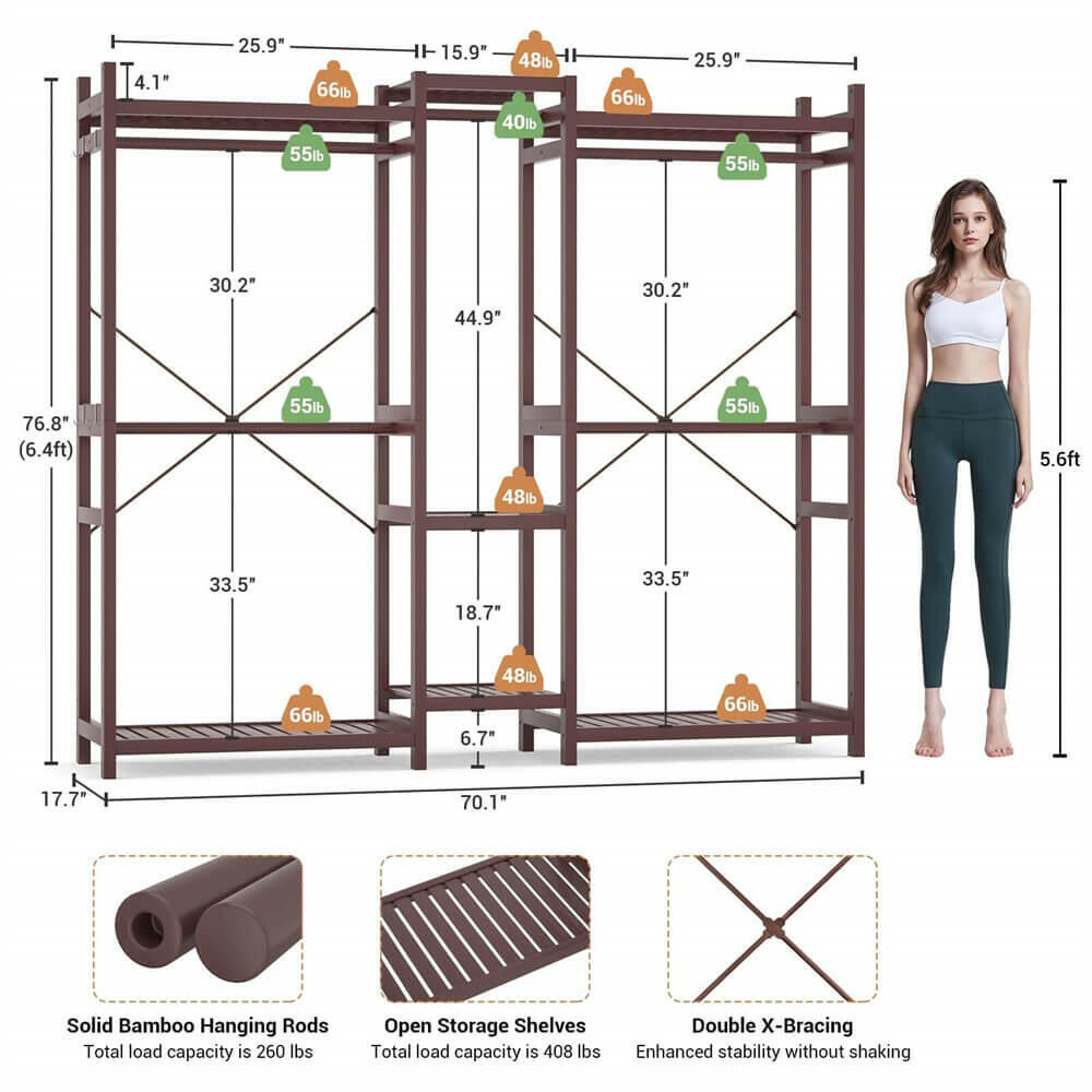 Unikito Bamboo Clothes Rack, Large Closet System Clothing Rack for Hanging Clothes, Freestanding Garment Rack with Shelves and 5 Rods, Open Wardrobe Organizer with 4 Hooks, 70”Wx77”H