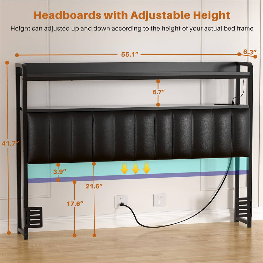 Black Headboard for Bed Frame, Upholstered Headboards with Outlets, USB Pots, LED Lights, Height Adjustable