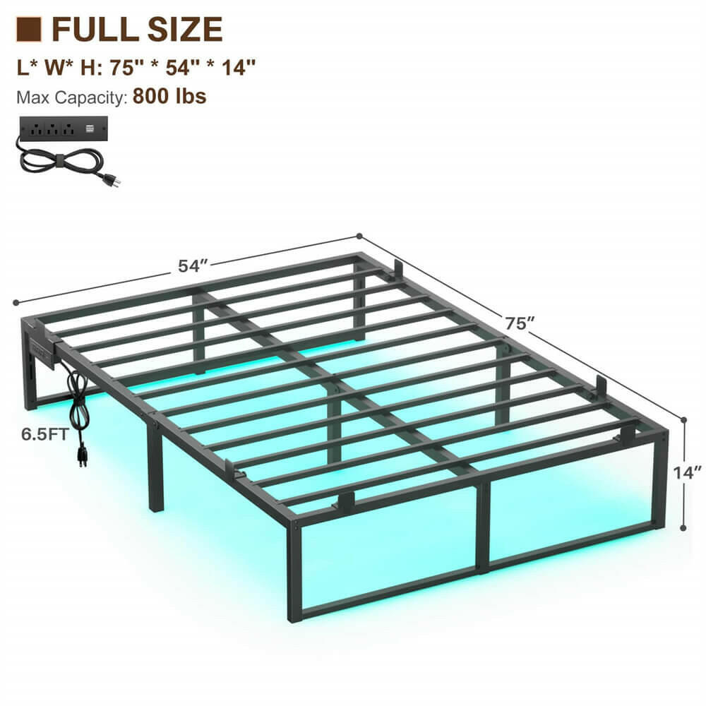 Unikito Bed Frame with Charging Station and LED Lights, Metal Platform Bed Frame with Non-Slip Mattress Gaskets, No Box Spring Needed, Easy Assembly