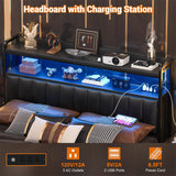 Black Headboard for Bed Frame, Upholstered Headboards with Outlets, USB Pots, LED Lights, Height Adjustable