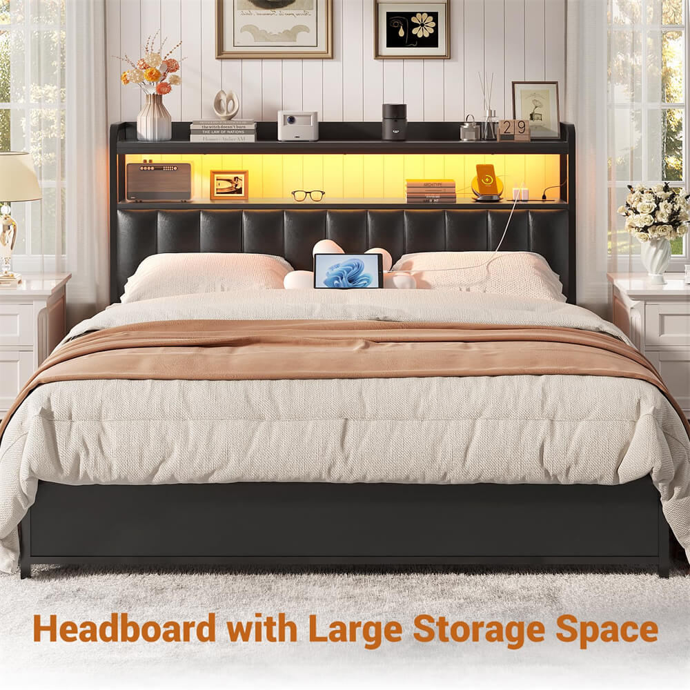 Black Headboard for Bed Frame, Upholstered Headboards with Outlets, USB Pots, LED Lights, Height Adjustable