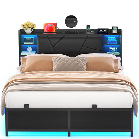 Unikito Full Size Bed Frame with Upholstered Headboard, Charging Station and RGB LED Lights, Stable Platform Bed, Heavy Duty Metal Slats, Noise Free, No Box Spring Needed, Easy to Assemble