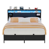 Full Size Bed Frame with Storage Headboard, Heavy Duty Bed Frame with Power Outlets and LED Light