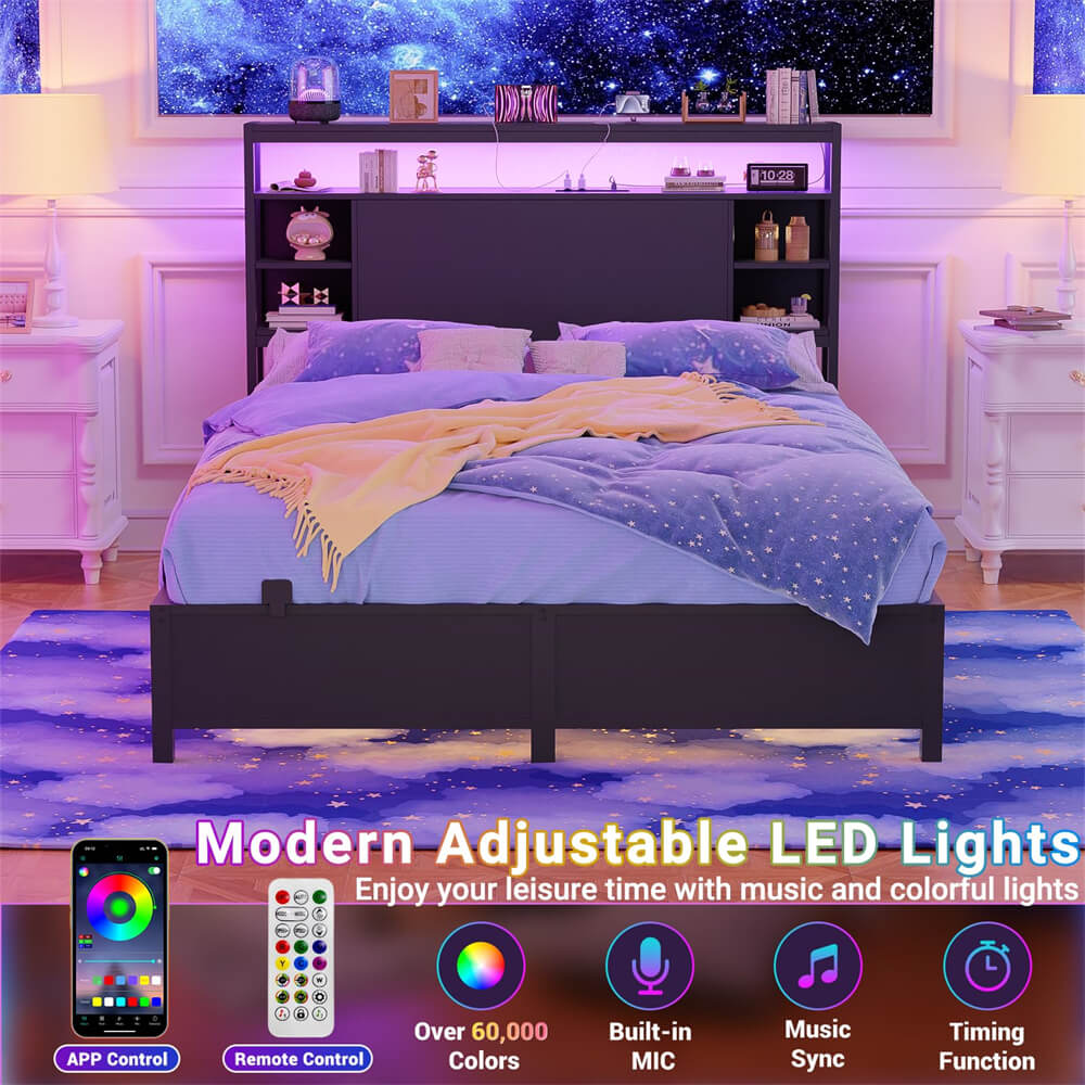 Full Size Bookshelf Headboard with Storage, Headboards with Outlets, and RGB LED Light