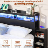 Unikito Full Size Bed Frame with LED Light and Bookcase Storage Headboard, Full Bed with Slide Out Bedside Cabinet and Charging Station, Heavy Duty Metal Slat, No Box Spring Needed, Noise Free